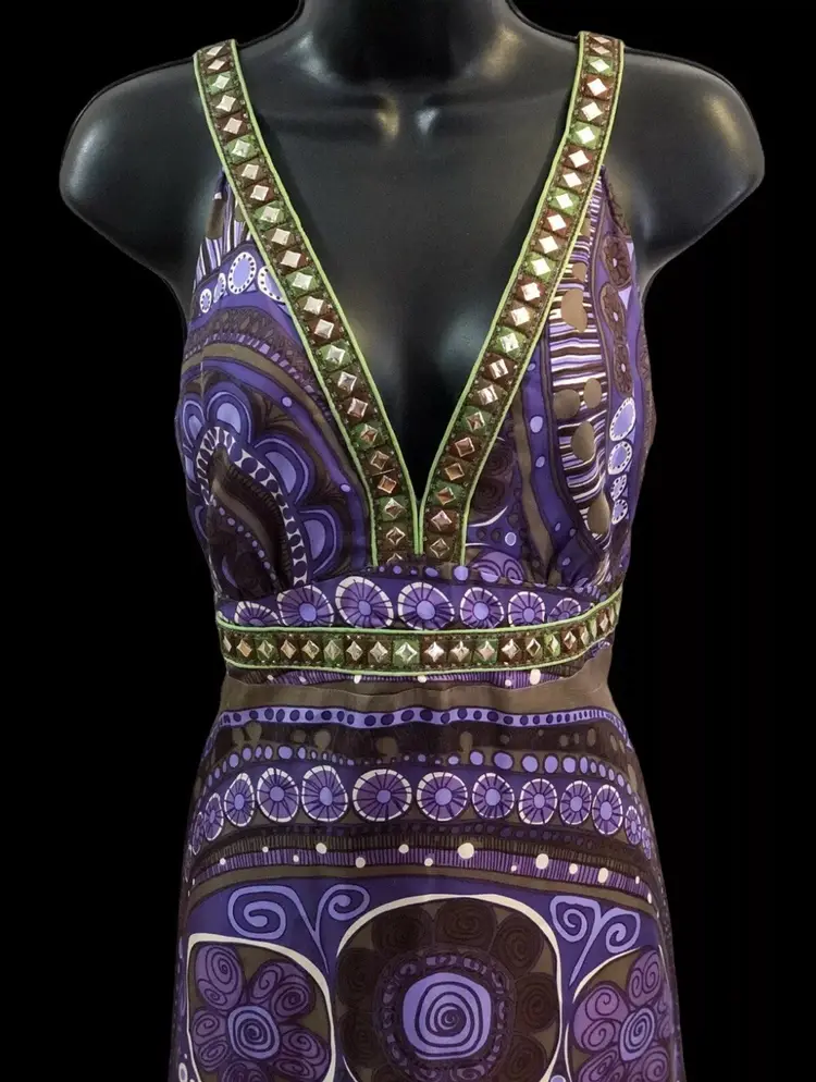 Women’s Vintage ITW Violet Purple Green Paisley Pure Silk Y2K Full Length V Neck Sleeveless Maxi Dress US Size 8/M