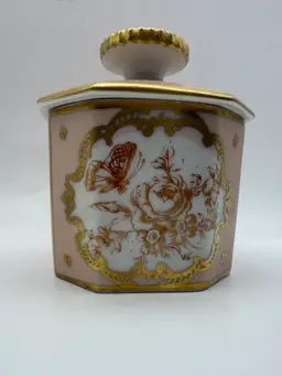 Limoges France Hand Painted Butterfly Hex Shaped Pink & Gold Art Deco Porcelain Trinket Box 3.5”