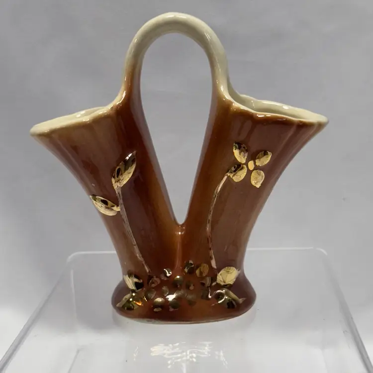 #1644 Vtg 50’s, Deco, Schafer, 23k Gold Paint, Double Sided, Vase Planter Brown Gold