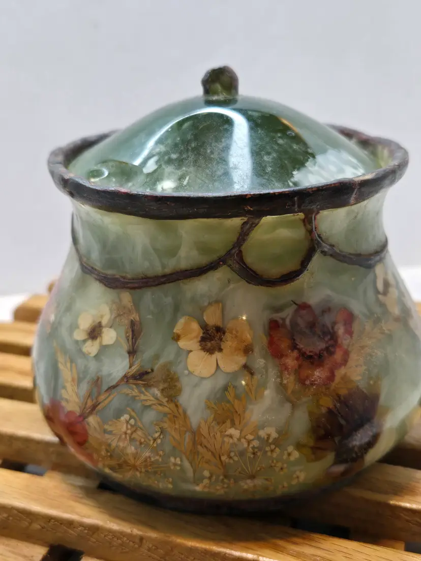Vintage JCPenney Fresh Fields Botanical Resin Cotton Jar with Pressed Flowers & Lid – Green Marbled Decorative Canister Made in China
