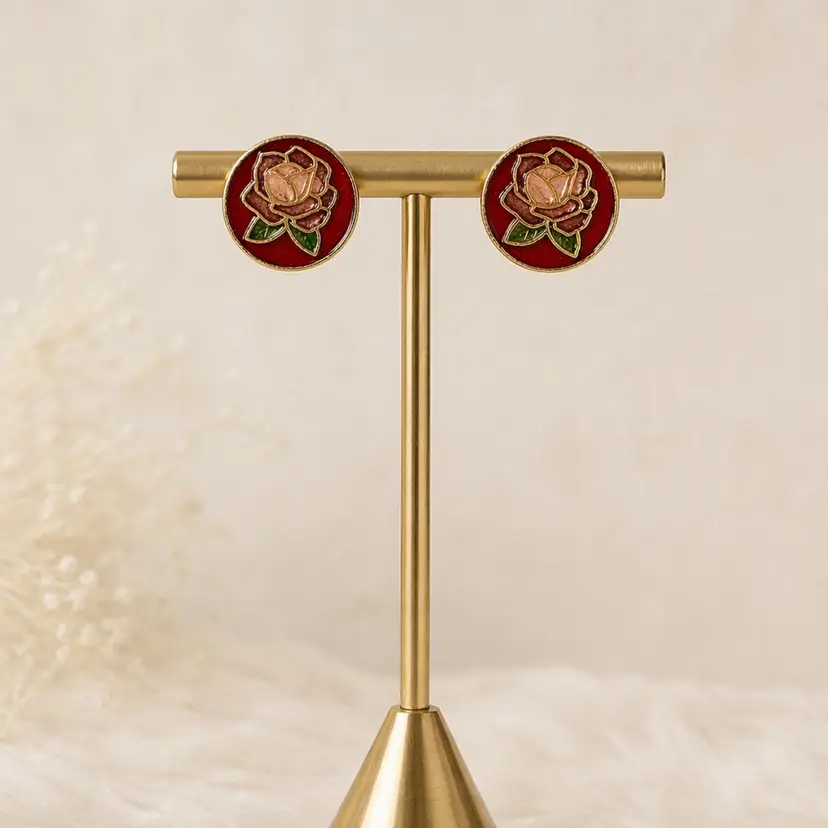 Vintage Cloisonné Rose Stud Earrings Red Enamel Floral Gold Tone