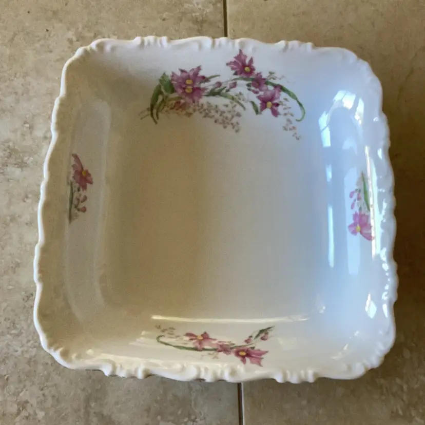 Vintage Made in Czechoslovakia Square Porcelain Serving Bowl, Pink Floral, Scalloped Rim