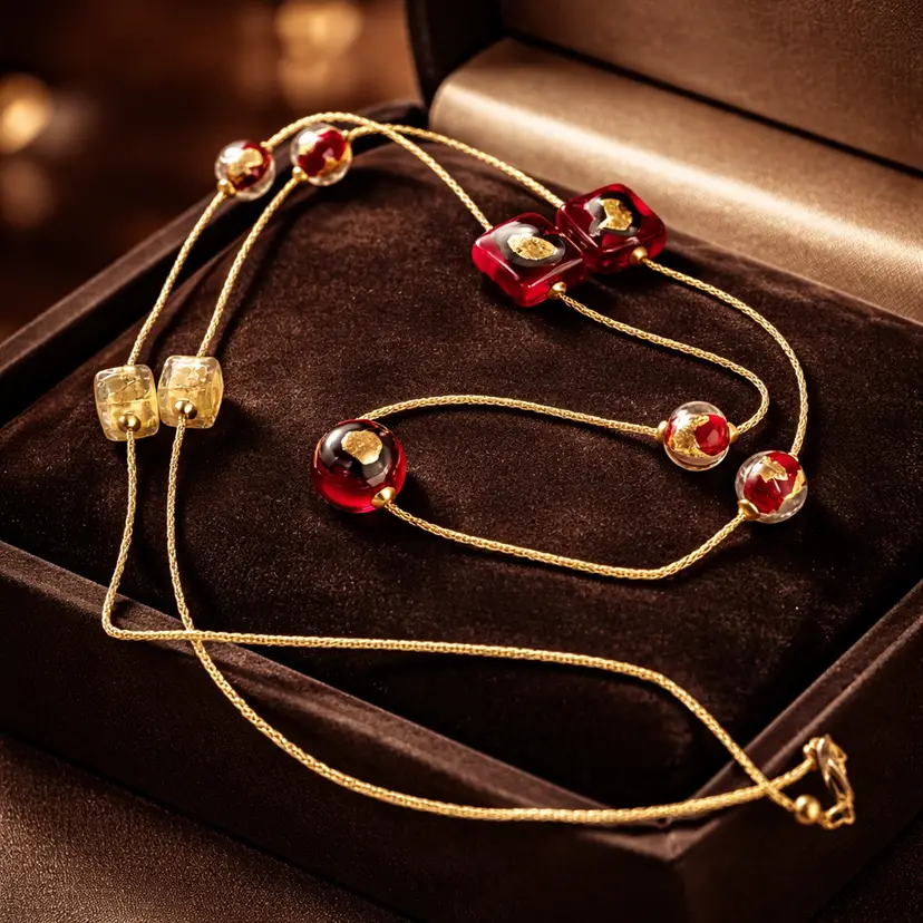 Hillary London Vintage Red and Gold Tone Murano Glass Bead Long Necklace, 23"