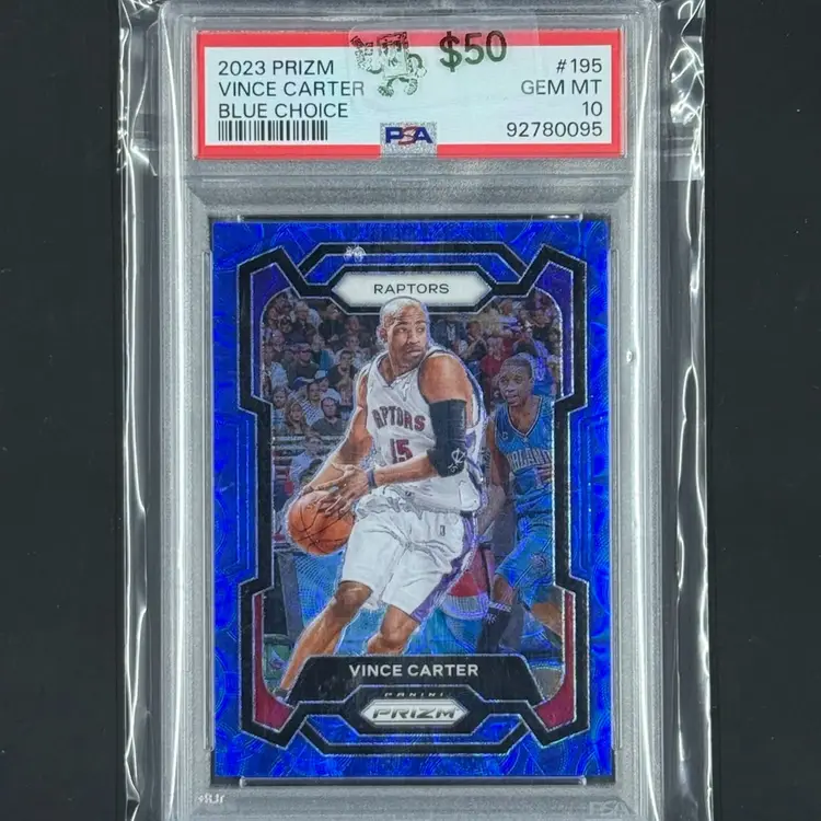 2023-24 Panini Prizm #195 SN #/49 Vince Carter Prizms Choice Blue Toronto Raptors PSA 10