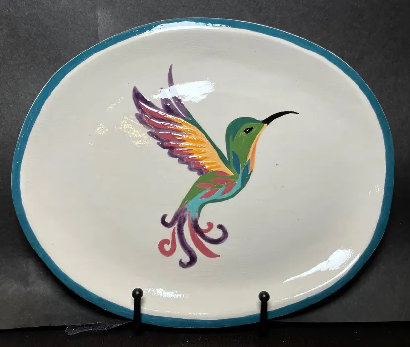 Handpainted Studio Pottery Colorful Hummingbird Decorative Plate Signed