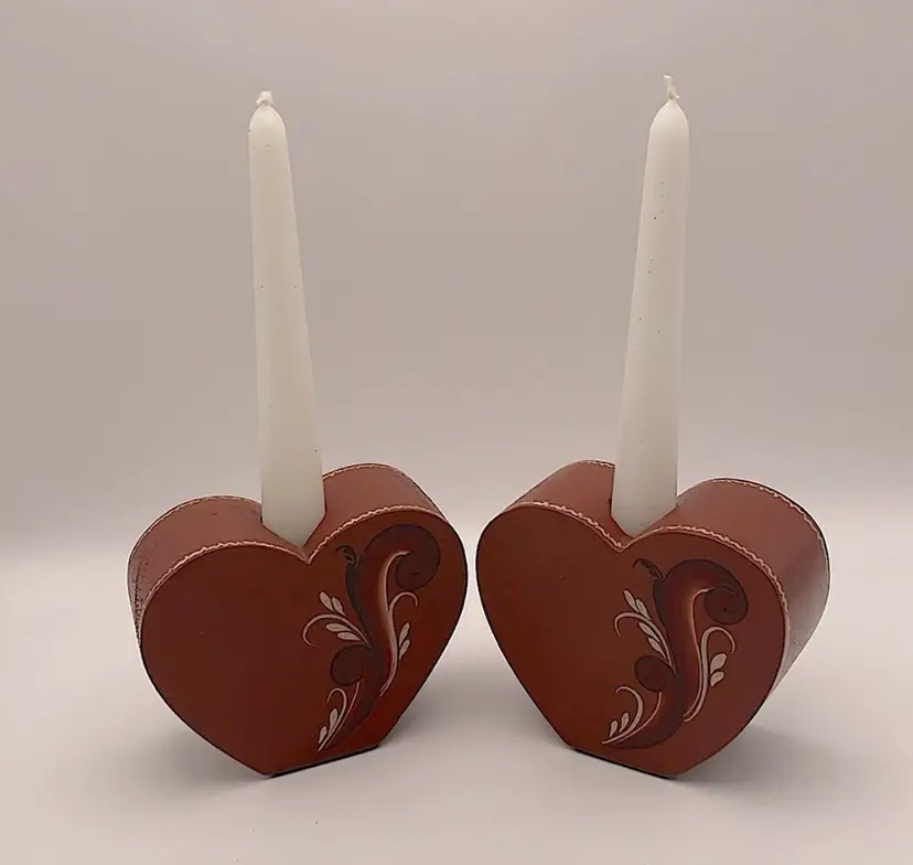 Hand Painted, Tole Design, Wooden Heart Candlesticks, Brick Red, Artist Signed, 1985