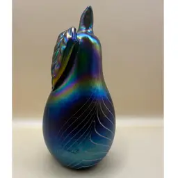 Iridized Feather Pulled Onyx Glass Pear Paperweight 4.5”
