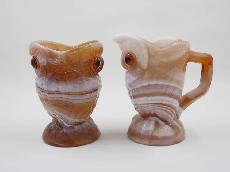 Imperial Glass Slag Glass Owl Creamer and Sugar Bowl