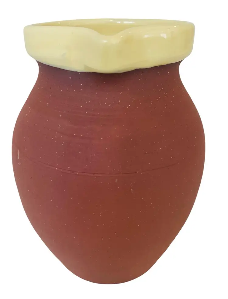 C H Branham Ltd Royal Barum Ware Red Clay Water Pitcher Yellow Rim Marked Antique