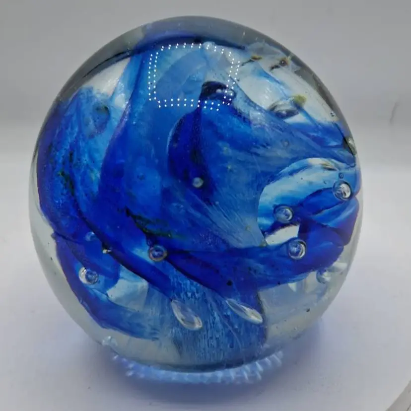 Vintage Kerry Glass Ireland, Blue & White Swirl Controlled Bubble Paperweight