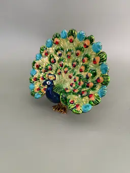 Vintage Jeweled Peacock Trinket Box | Enamel Bird Ring Box with Rhinestones (Blue)