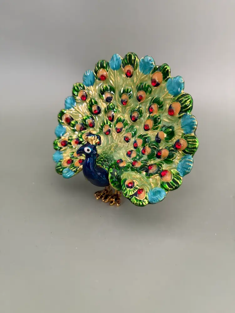 Vintage Jeweled Peacock Trinket Box | Enamel Bird Ring Box with Rhinestones (Blue)