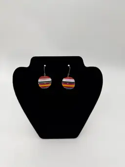 Vibrant Colorful Round Candy Swirl Dangle Drop Sterling Silver Hook Earrings Vtg