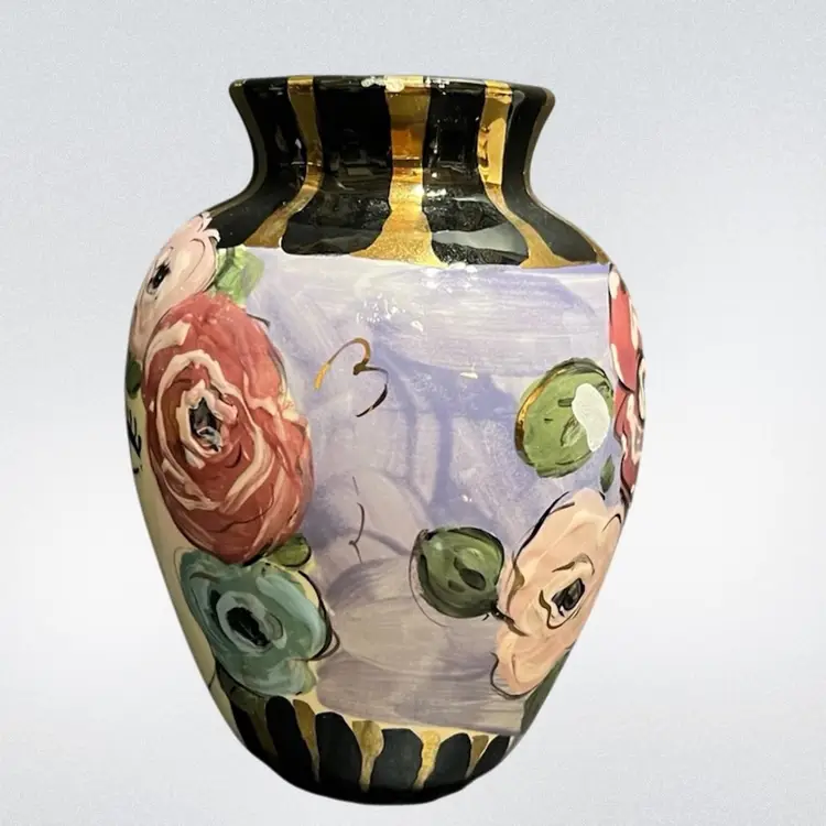 1995 Art Deco Hand Painted OOAK Lady Floral Vase, Signed ~6.25” x 5” diameter