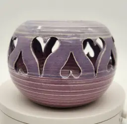 Handmade Signed Ceramic Heart Cutout Lantern Tealight Candle Holder Lilac Rose