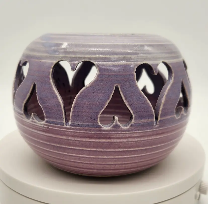 Handmade Signed Ceramic Heart Cutout Lantern Tealight Candle Holder Lilac Rose