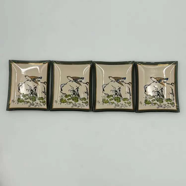 House Art Smoked Glass Butter Pats Dishes Set Of 4. Painted Bird On A Rock