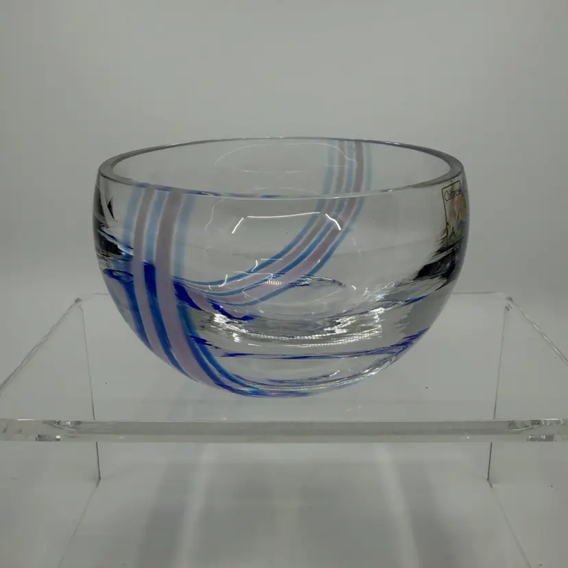 Caithness Art Glass Crystal Glass Bowl Purple and Blue Striped 4.5”Wide Scotland