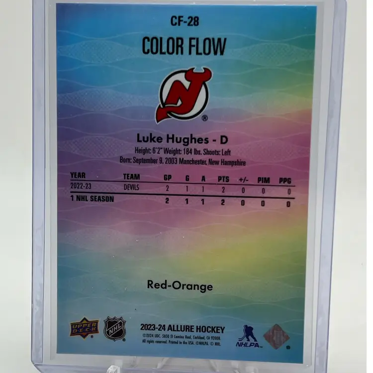 Luke Hughes 2023-2024 Upper Deck Allure Hockey Color Flow Red-Orange New Jersey Devils