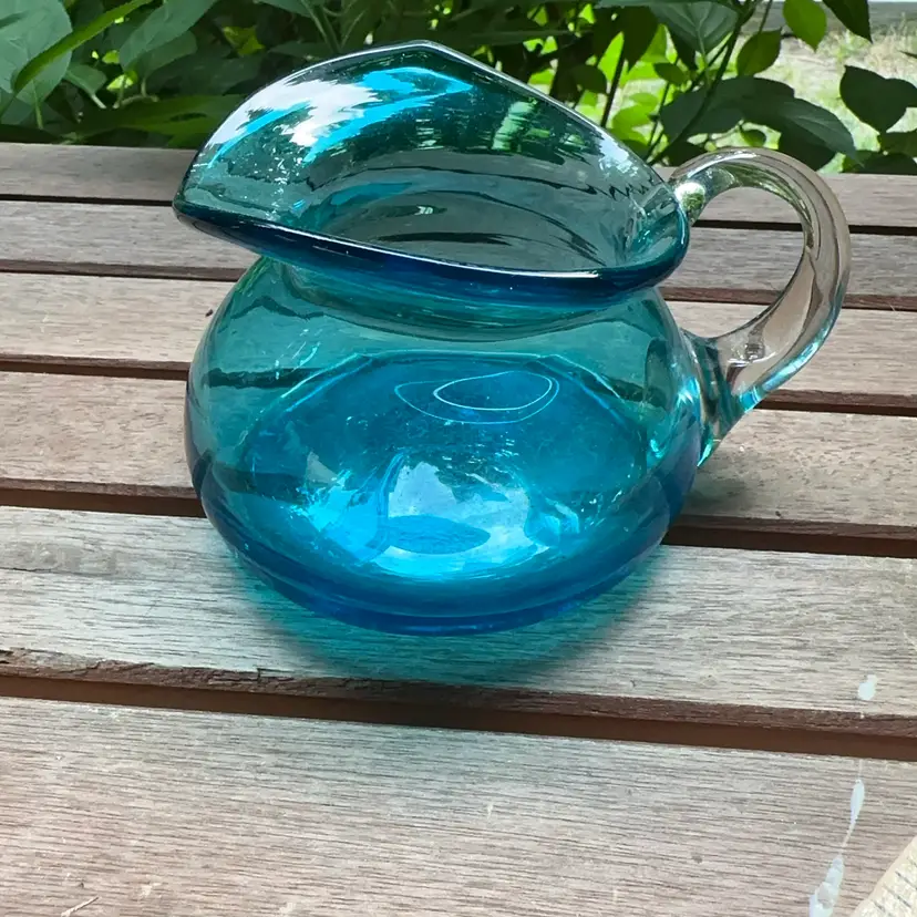 Aqua Glass Hand Blown Squatty Pitcher