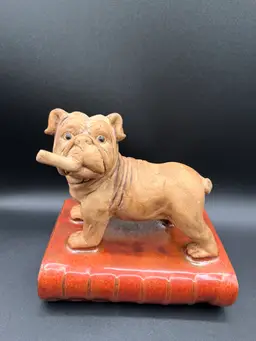#36 Ceramic Painted Bulldog With A Cigar On A Book Figurine 6.5”