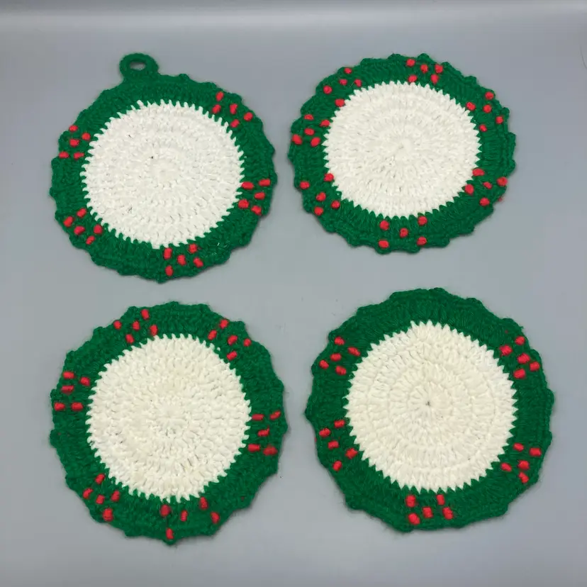 Vintage Handmade Crocheted Christmas Trivets - Set of 4 - 6.75"-7.25" across
