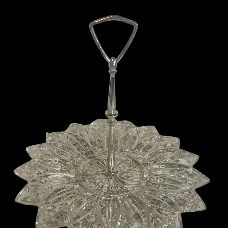 Glass Serving Tray Floral Design With Chrome Handle. 11x8.5”