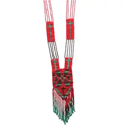 Handcrafted Vintage Beaded Necklace With Red & Green Cross Design And Fringed Ends 24 Inches Long