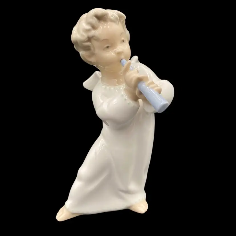 RARE Vintage Lladro Porcelain 'Angel Playing Flute' w/Green Dots, Glossy, Spain