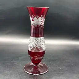 Ruby Cut To Clear Floral Vase