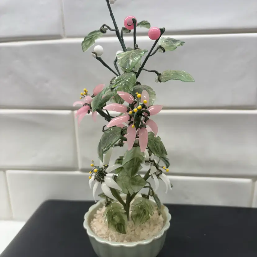 Vintage Chinese jade and art glass bonsai tree sculpture