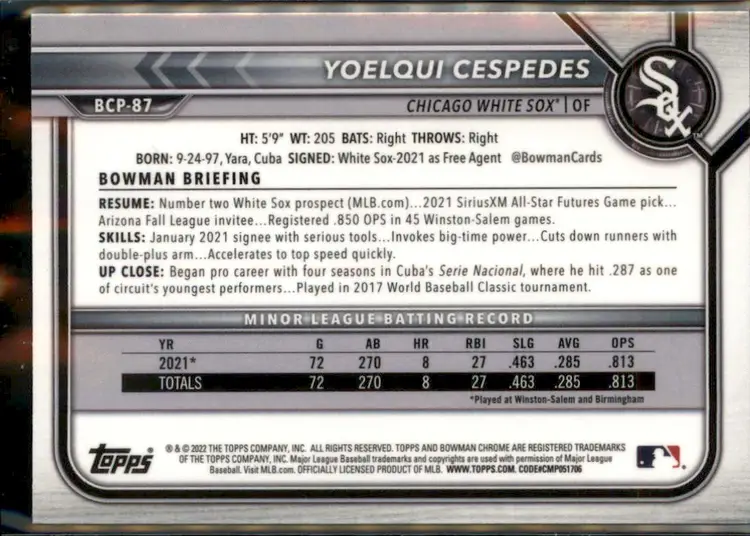 2022 Bowman - Chrome Prospects Atomic Refractors Yoelqui Cespedes - ( 138 ) - Chicago White Sox