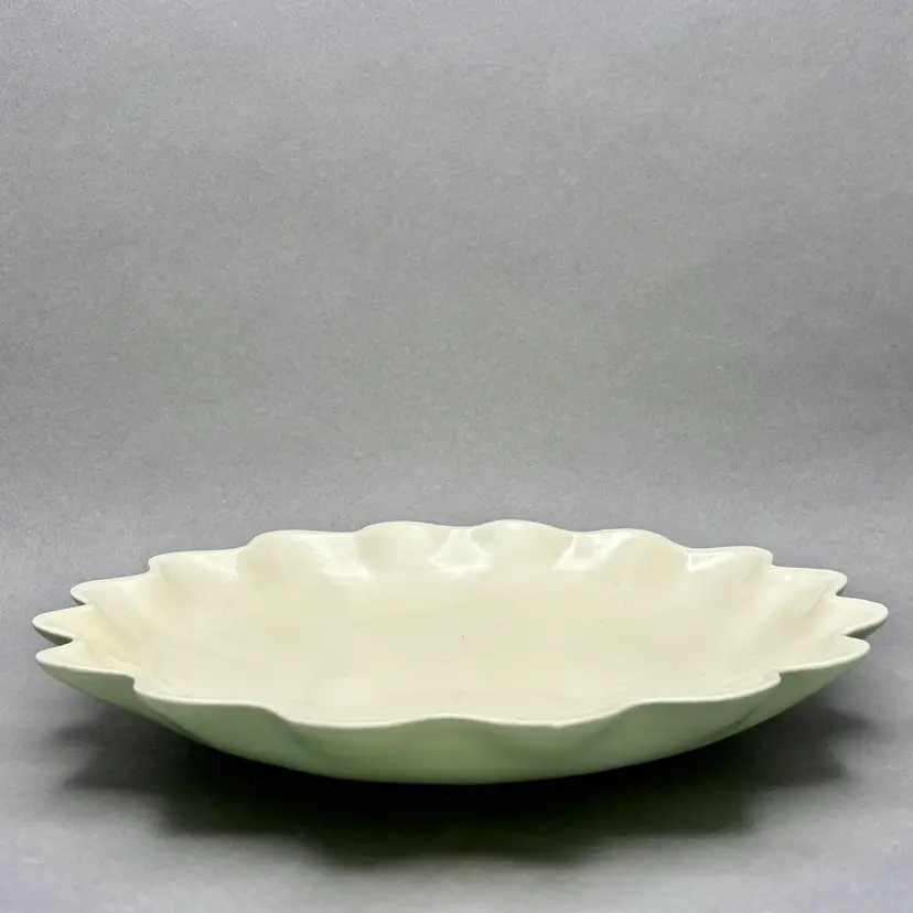 Vintage Red Wing Pottery Beige and Chartreuse Ruffled Console Bowl