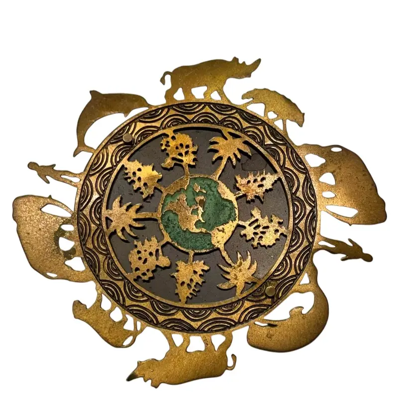 Vintage Silver Forest One World Earth Brass Animal Tree Brooch
