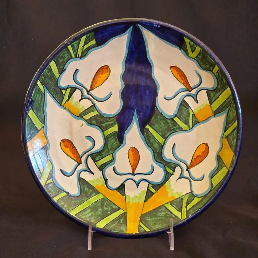 CALLAS LILLIES Ceramic Redware Dish Floral Design Signed 10" approximately