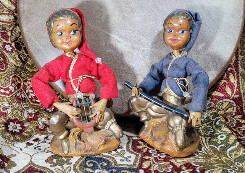 PAIR of MCM 1960s Tilso Pixie Elves playing Harp & Flute Hong Kong