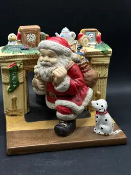 Vtg Santa And Dalmatian Coming Out Of Fireplace Votive Candle Holder . Ceramic