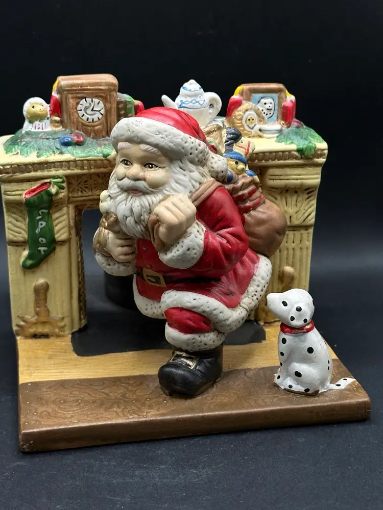 Vtg Santa And Dalmatian Coming Out Of Fireplace Votive Candle Holder . Ceramic