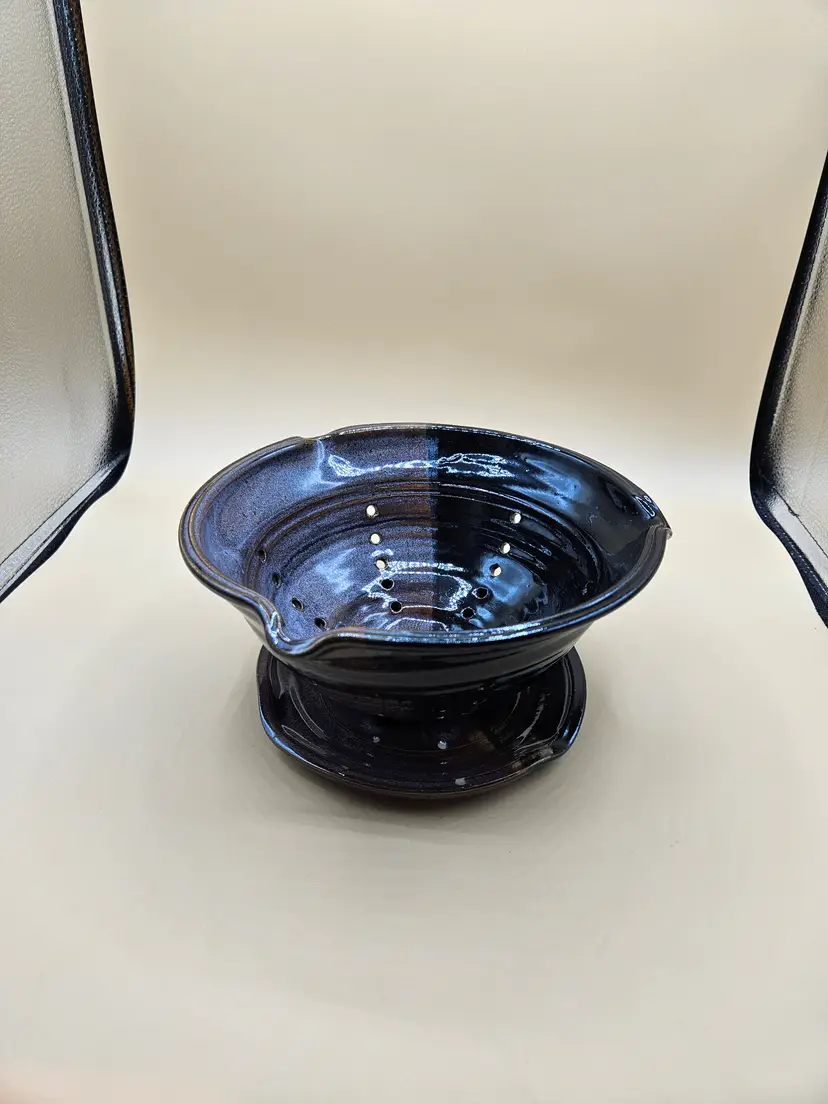Black Purple Pottery 8.5" x 4.25" Strainer with Underplate, CHIPPED, Signed