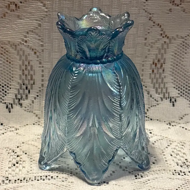 Vintage Fenton Glass Tulip Blue Iridescent Two Way Votive Taper Candle Holder