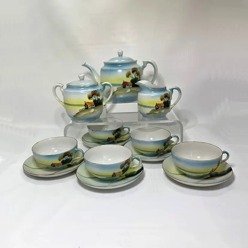 Hand Painted Porcelain Tea Set Swan Lake Scene Made Japan 1950s 17 Piece Vintage