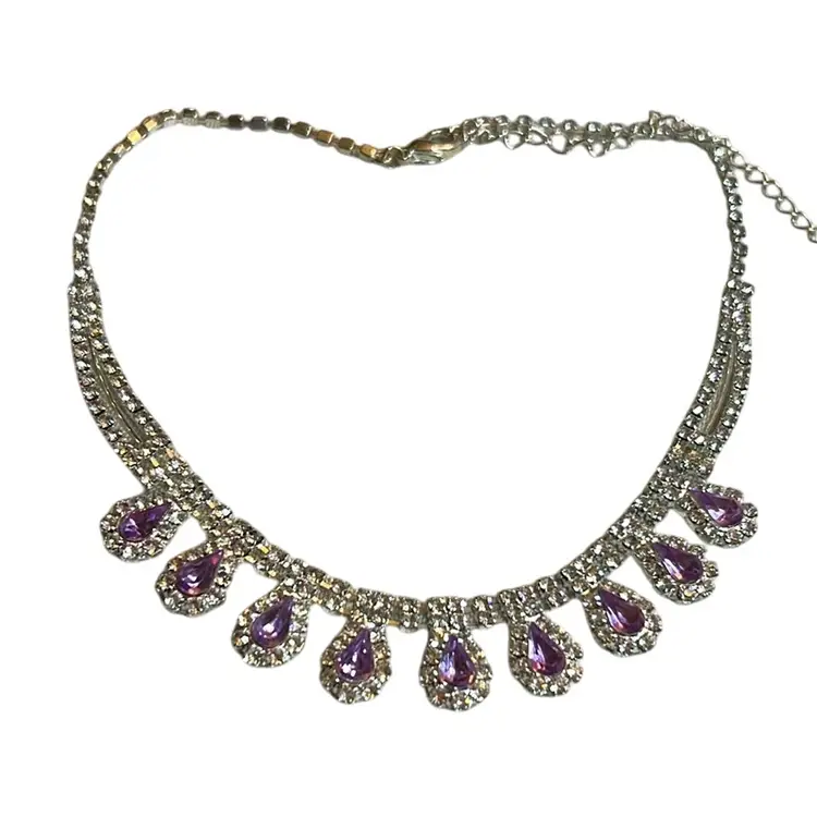 1950s Rhinestone Necklace Clear & Pink Stones Hallmarked Adjustable Length