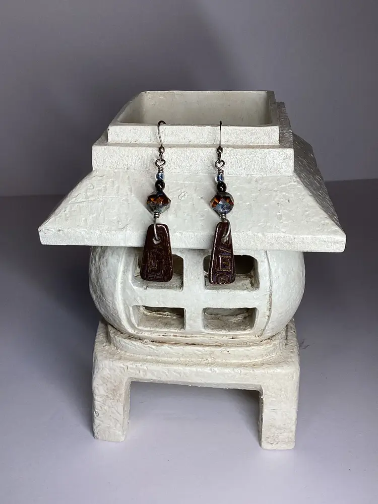 Brown Ceramic And Czech Glass Earrings
