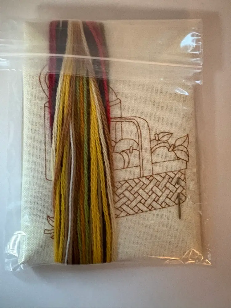 Vintage Stitchery Kit-Cider. Cider Jug Along With A Basket Of Apples.