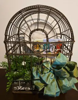 Vintage Bird Cage Gift Basket with Candles, Journal, Planter with Egg, Plate