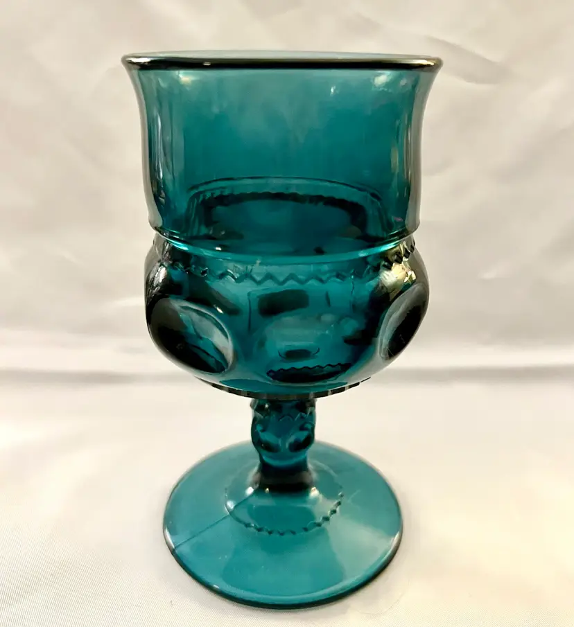 Indiana Glass Co Kings Crown Wine Goblet Teal Blue Thumbprint Design 5 1/2”
