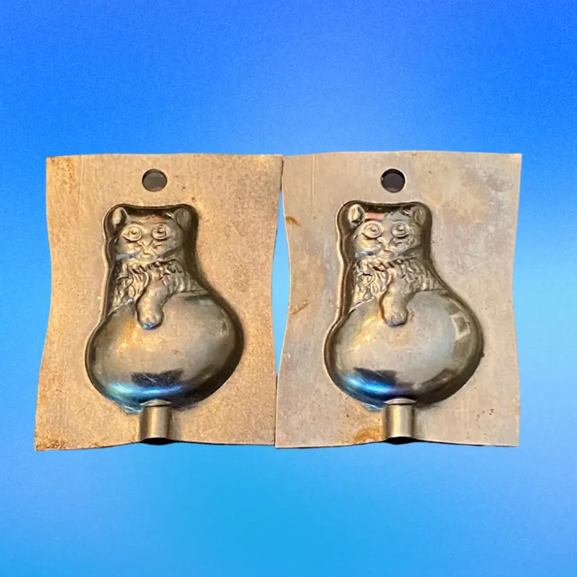 Vintage Double Sided Chocolate Lollipop Mold Tin Scaredy Cat On Ball Mold