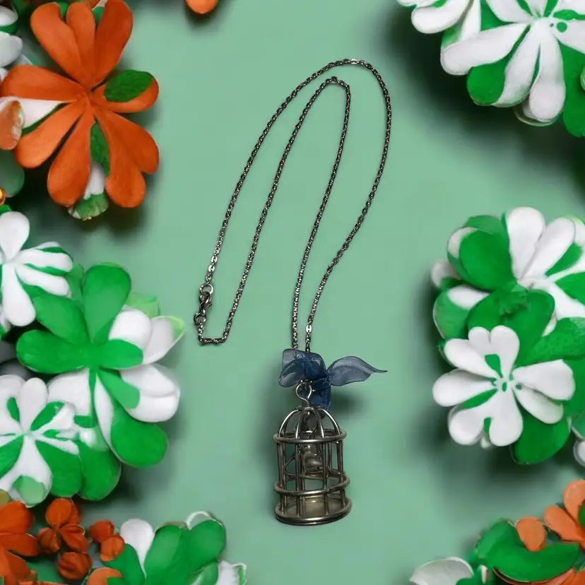 Necklace Pendant Birdcage 30" Chain With A Blue Bow