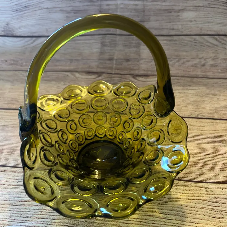 Vtg Avocado Green Bullseye Dot Glass Basket Made In Italy 8x8x6.5” MCM