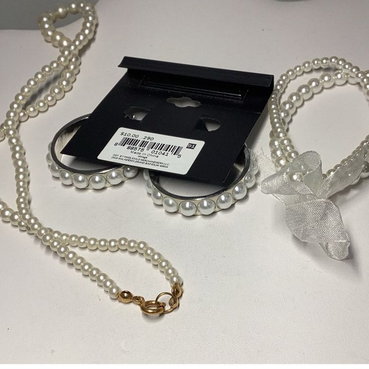Faux Pearl Set - Double Bracelet Strech, Silver Tone Hoops, 18” Necklace